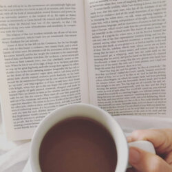 inside text of a book and a coffee cup