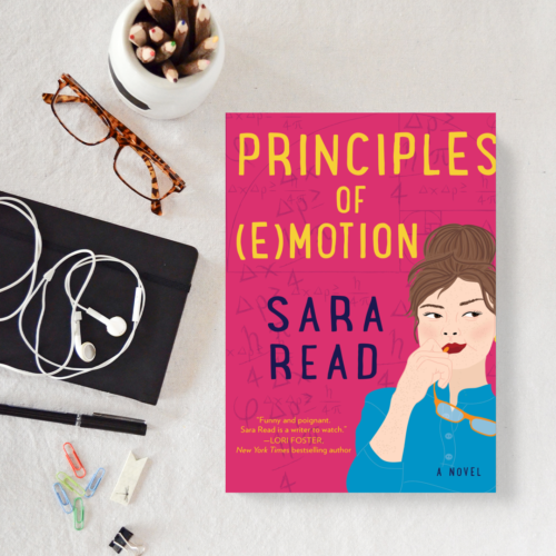 Book with words: Principles of Emotion" and "Sara Read' plus a woman on cover, glasses, pencil, and phone ear pods.