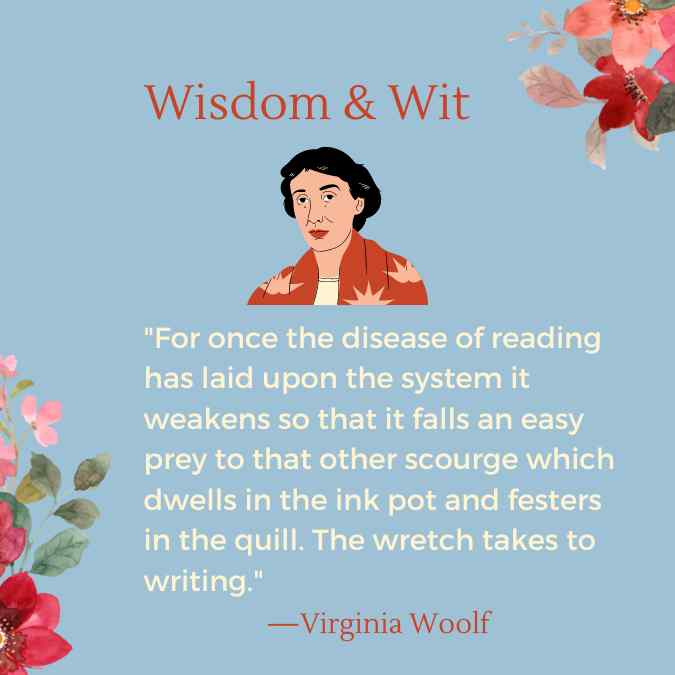 Florals in upper right and lower left corner with a graphic of woman in kimono and quote by Virginia Woolf.