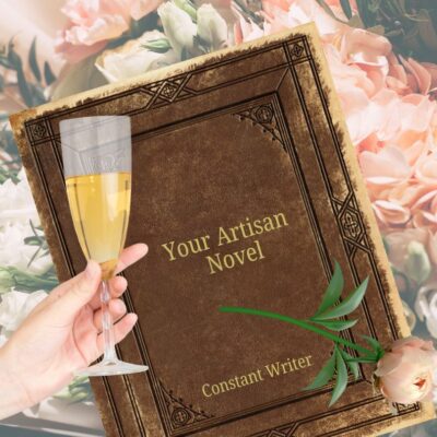 hand holding champagne glass in front of a book reading Your Artisan Novel and a pink floral background
