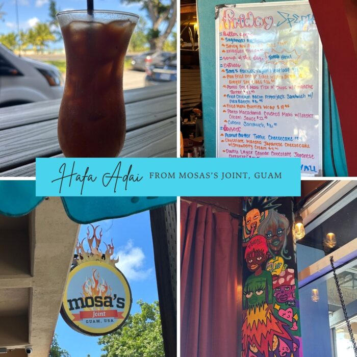 A collage of four photos: a drink glass, a menu, a sign that reads Mosa's Joint, and a piece of oblong art.