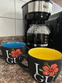 Coffee pot and two large mugs with "I 
 "hibiscus flower heart" GU