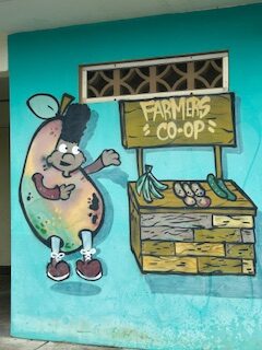 A cute pear graphic with a face, hands, and feet next to a farm stand that says farmer's o-op.